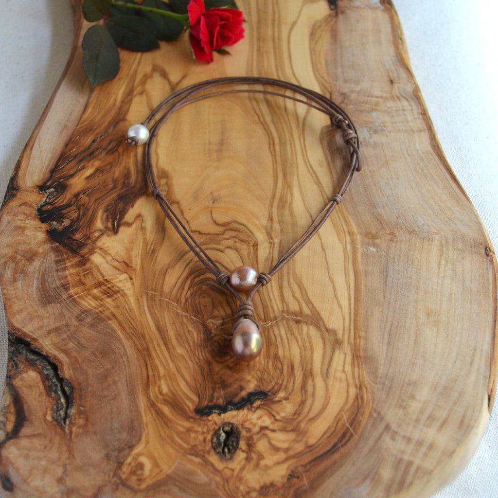 Pink Mauve Edison Pearl Necklace on Knotted Leather