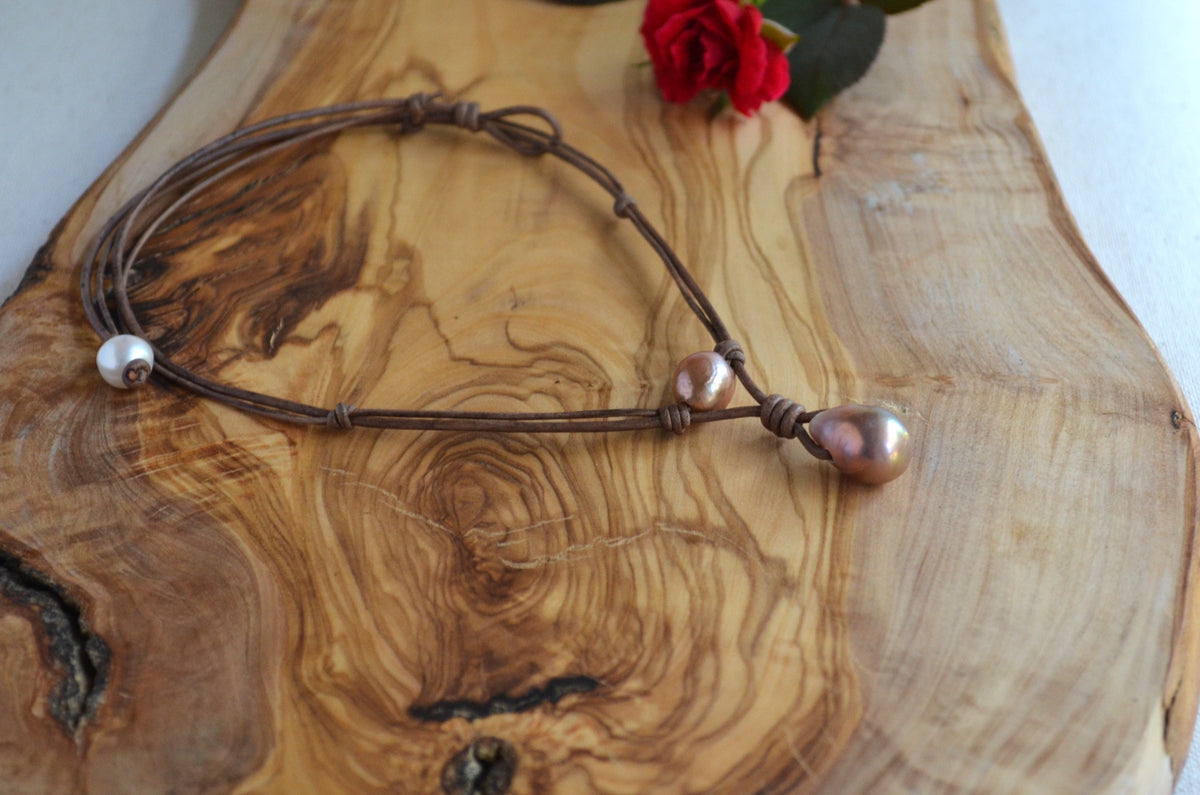 Pink Mauve Edison Pearl Necklace on Knotted Leather