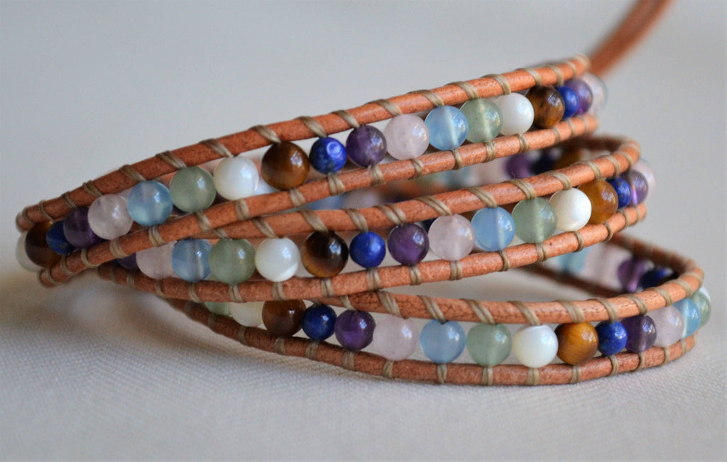 Multi-Gemstone Leather Wrap Bracelet: Boho Beaded Jewelry