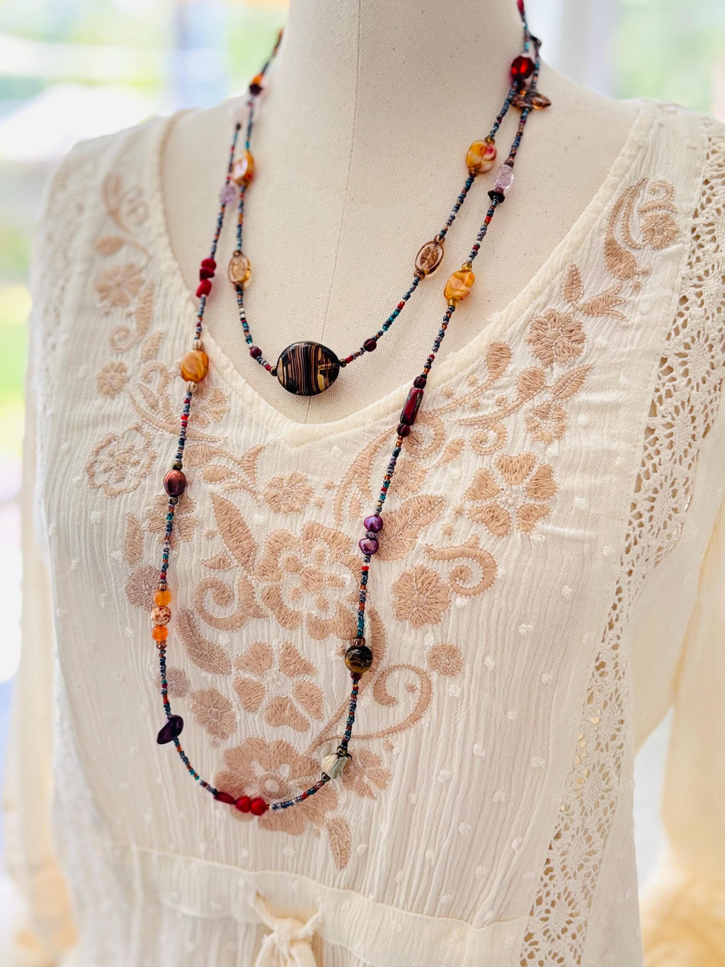 Multi-Color Gemstone and Czech Glass Lariat Necklace