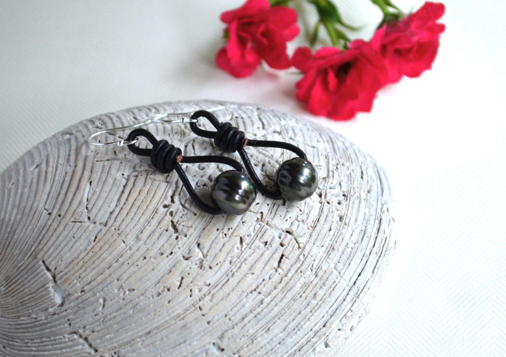 Tahitian Pearl Earrings: Sterling Silver, Black Leather Dangle Earrings