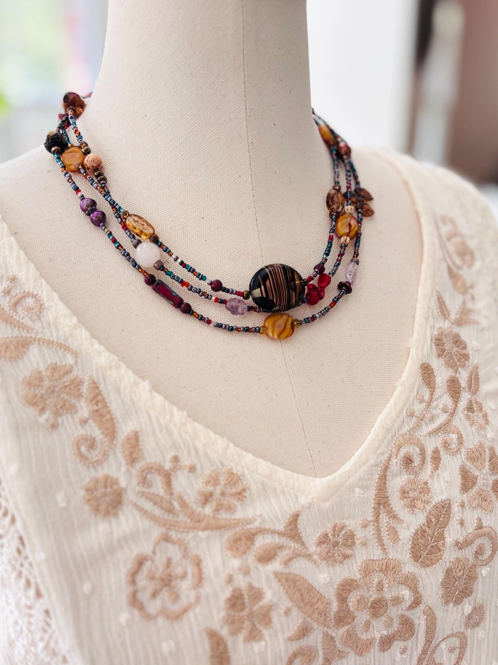 Multi-Color Gemstone and Czech Glass Lariat Necklace