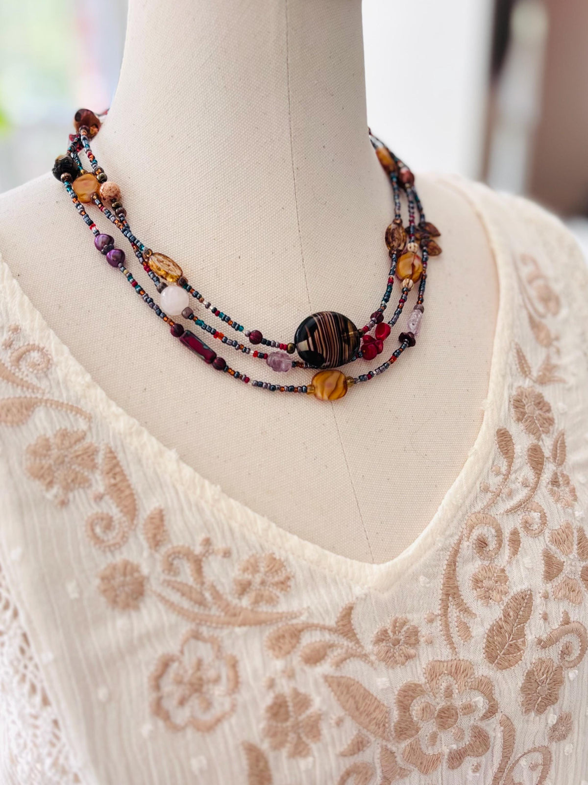 Multi-Color Gemstone and Czech Glass Lariat Necklace