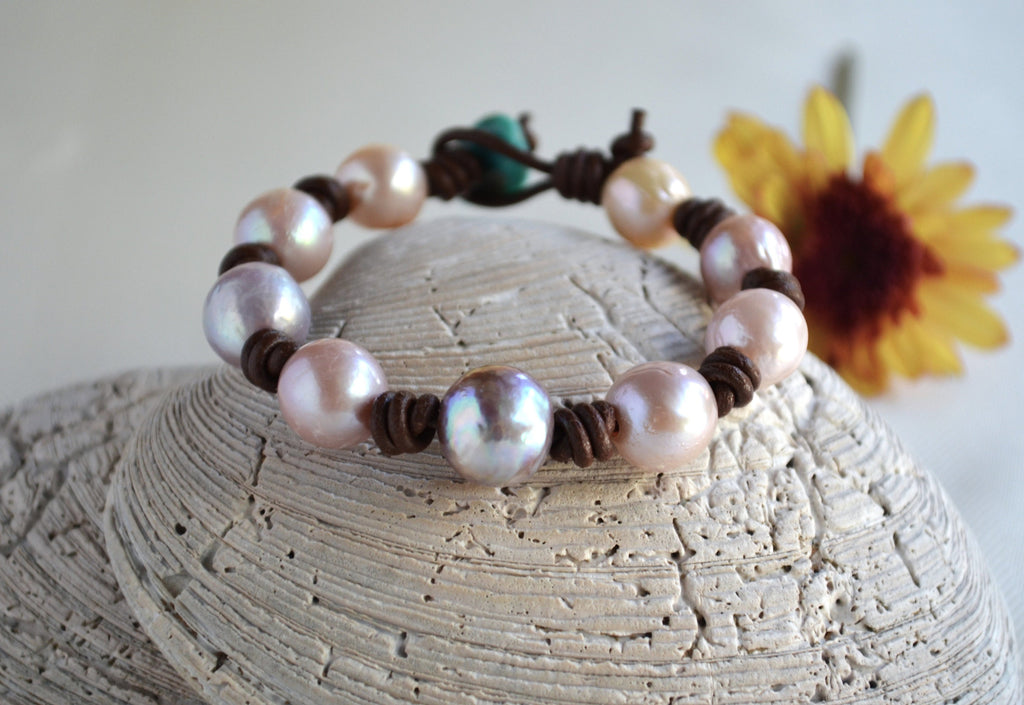 Edison Pearl Bracelet: Light Mauve Pink, Greek Leather