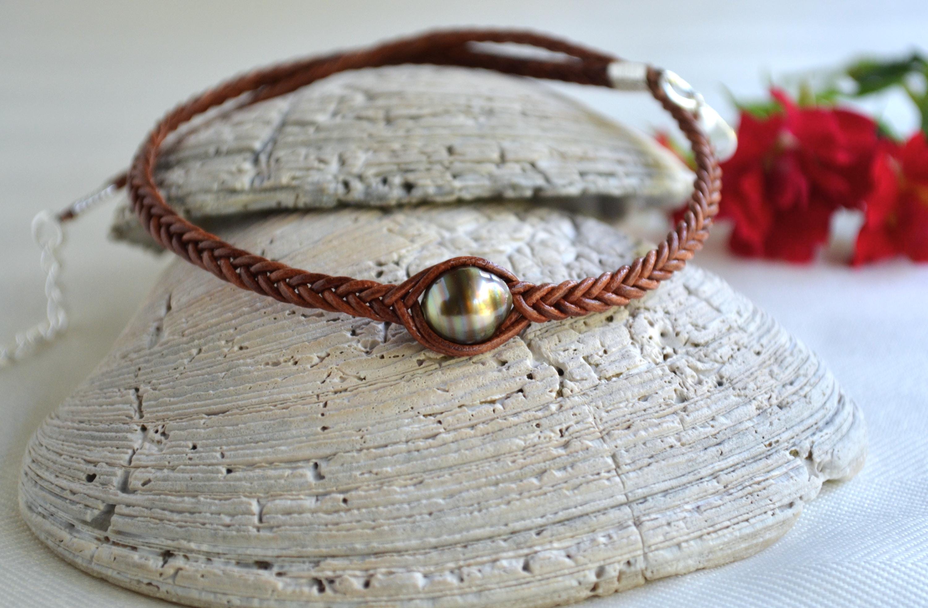 Chocolate Tahitian Pearl Choker: Braided Leather Necklace