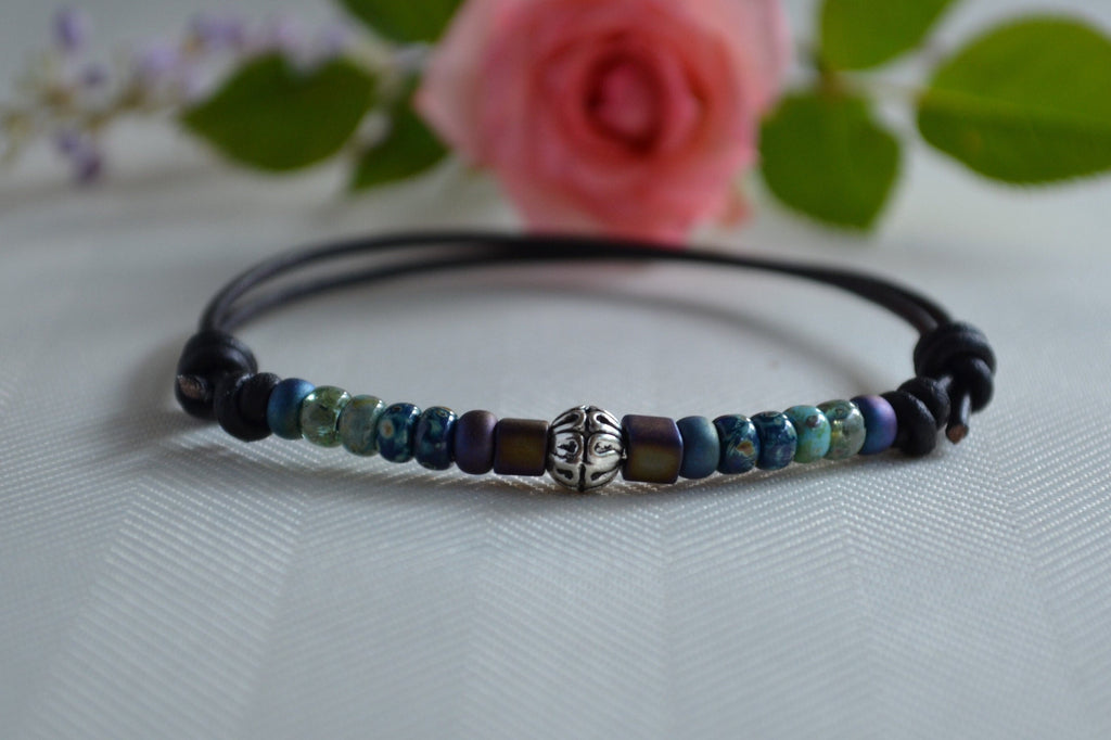 Unisex Picasso Czech Beaded Bracelet, Knotted Leather Bracelet for Him Her
