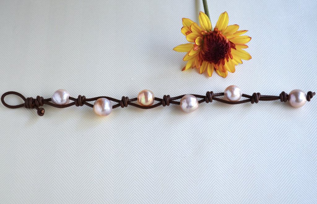 Boho Edison Pearl Bracelet: Leather & Freshwater Pearls