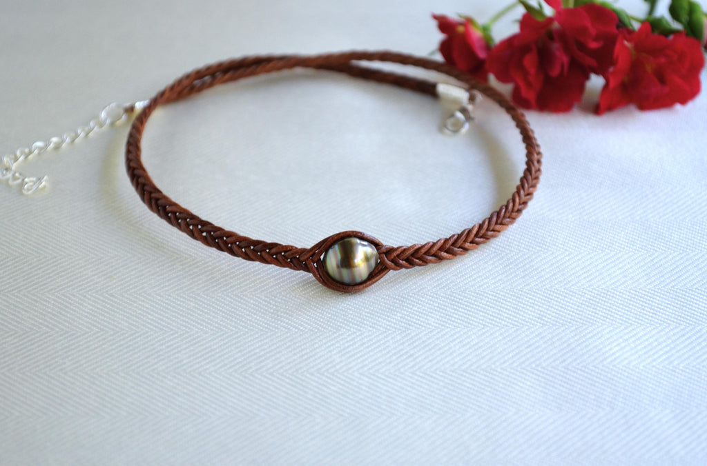 Chocolate Tahitian Pearl Choker: Braided Leather Necklace
