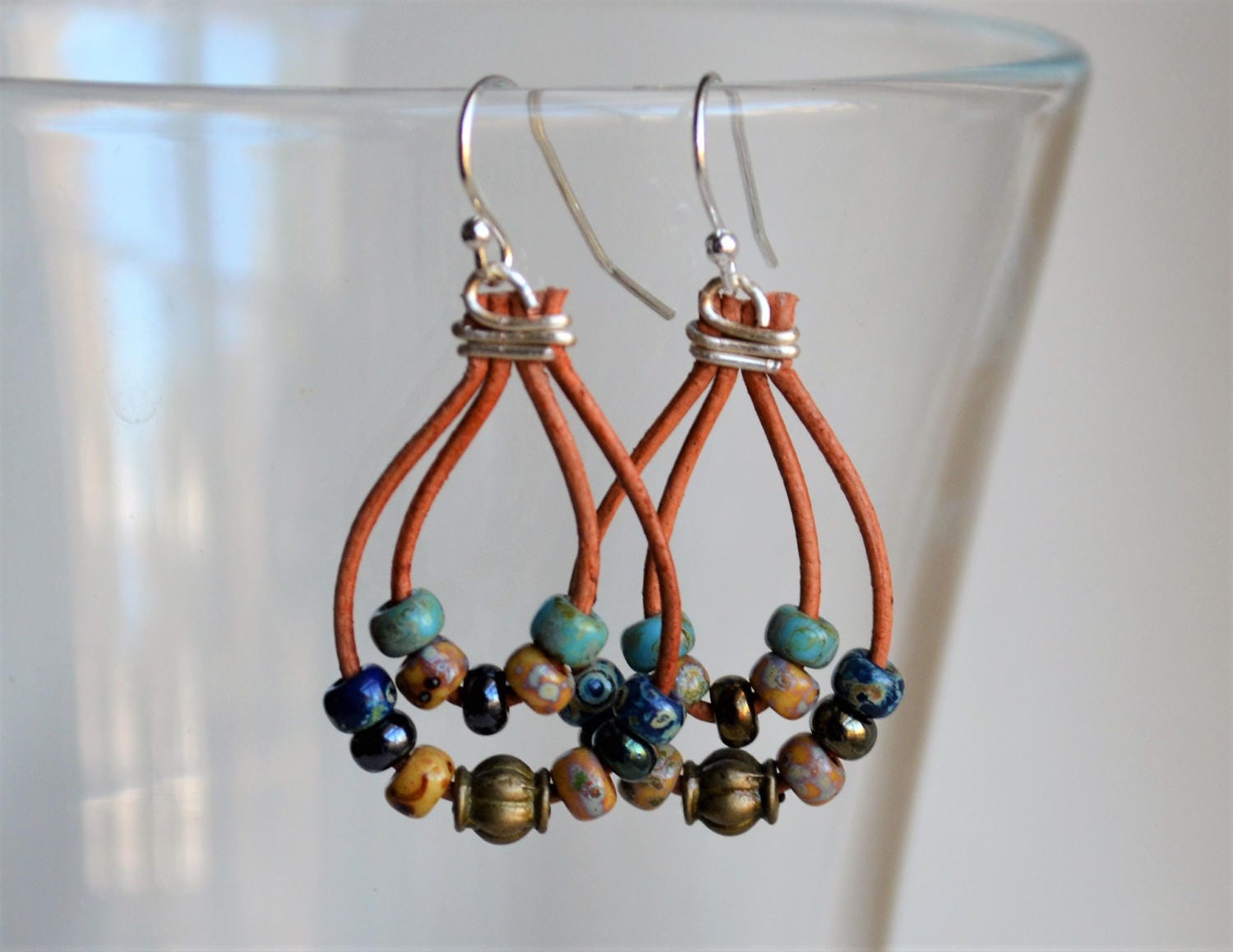 Picasso Leather Dangle Earrings: Boho Miyuki Bead Jewelry