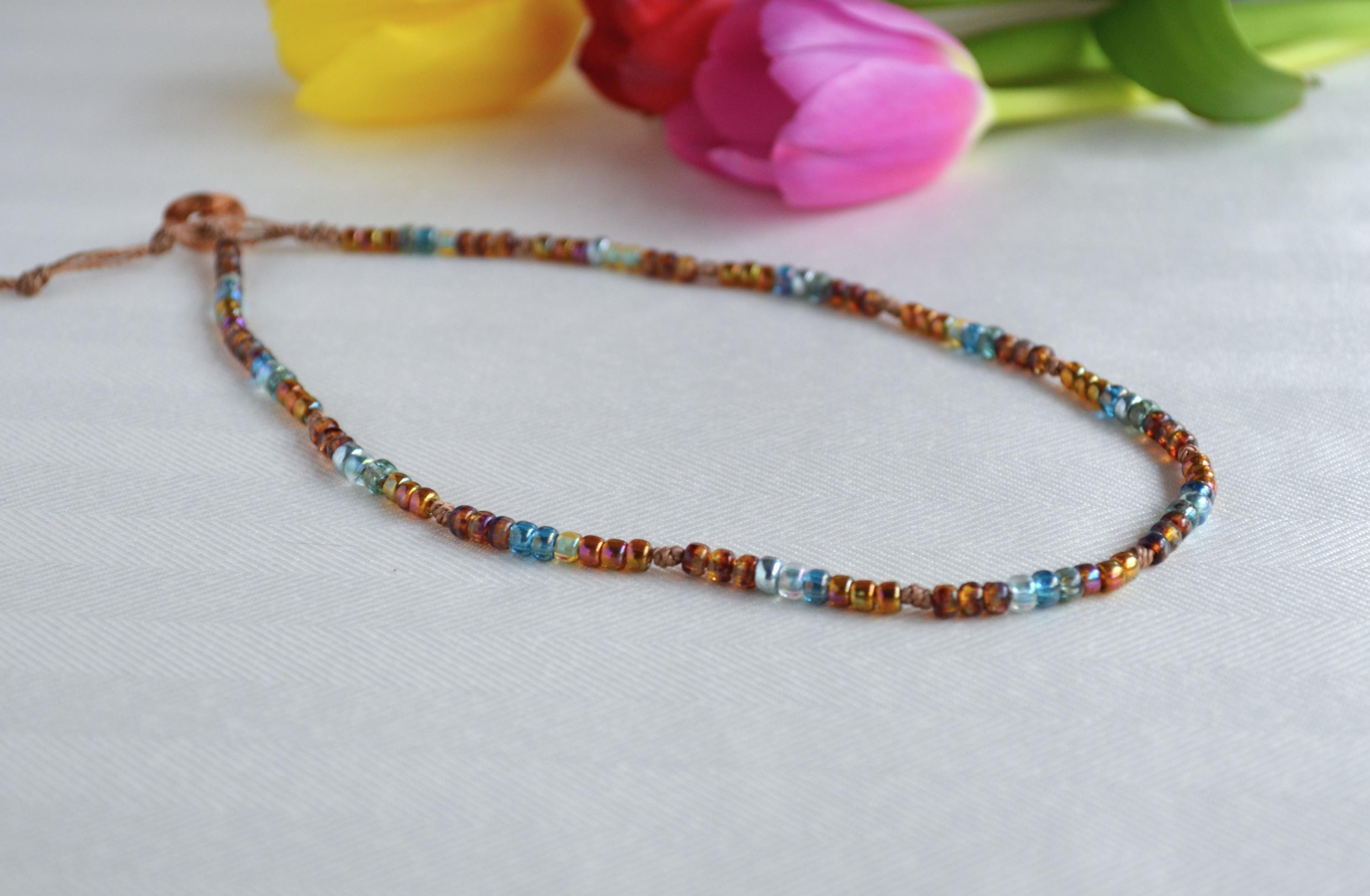 Boho Czech Glass Beaded Choker Necklace, Knotted, Button Closure