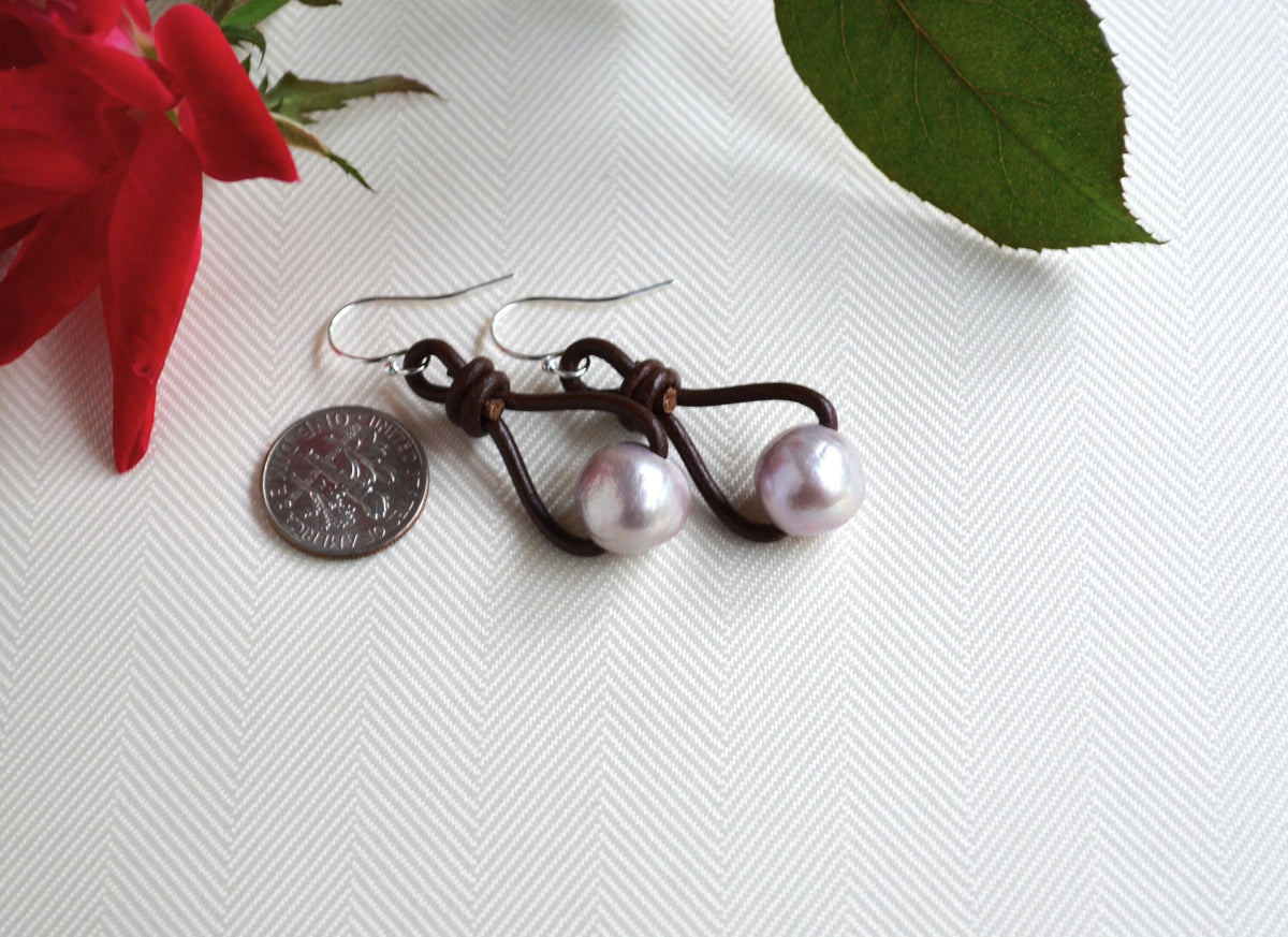 Edison Pink Pearl Earrings: Sterling Silver & Brown or Black Greek Leather Boho Dangle