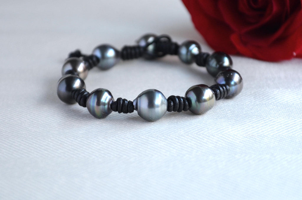 Tahitian Pearl Bracelet: Black Greek Leather, Boho Jewelry