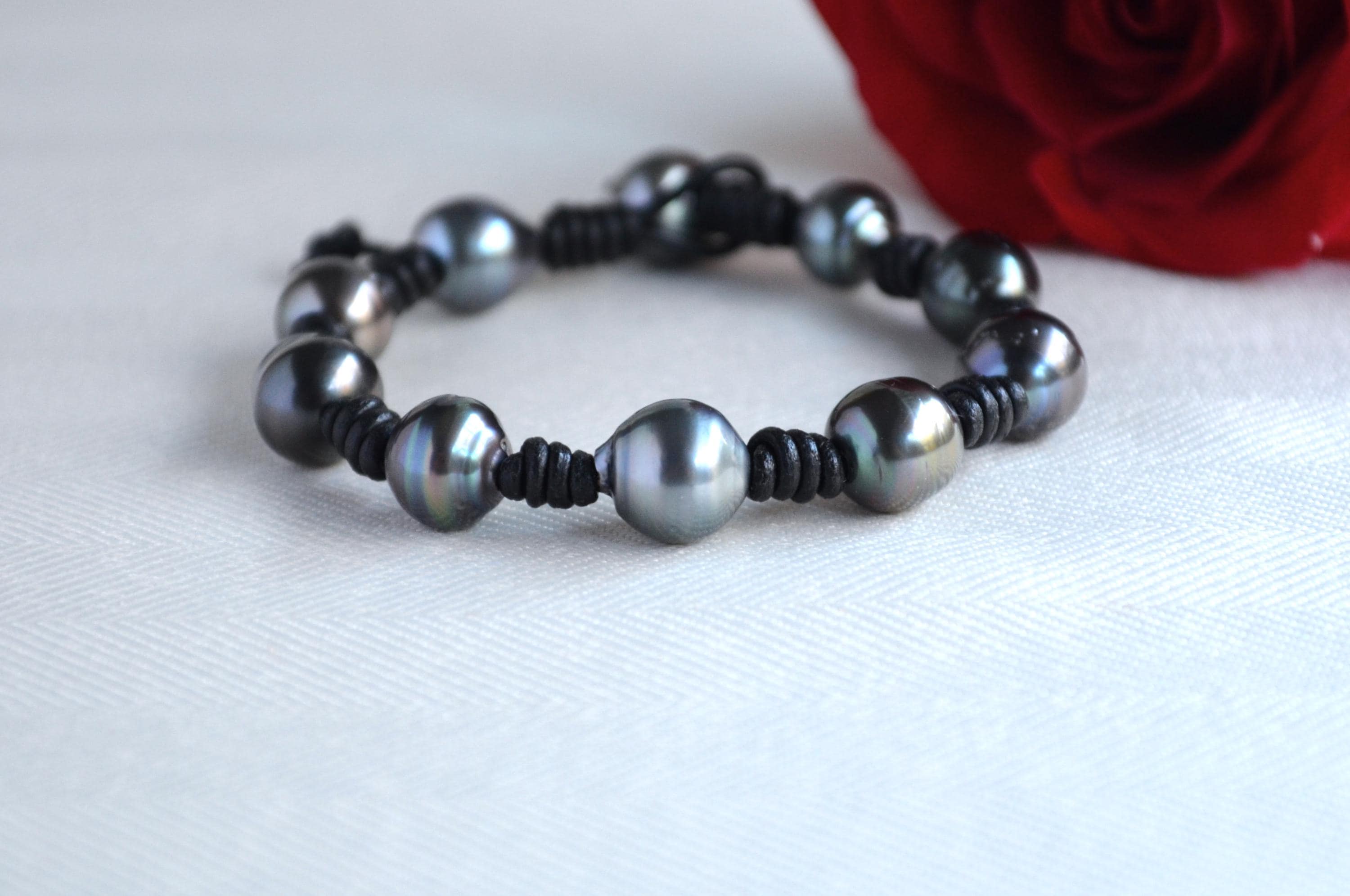 Tahitian Pearl Bracelet: Black Greek Leather, Boho Jewelry