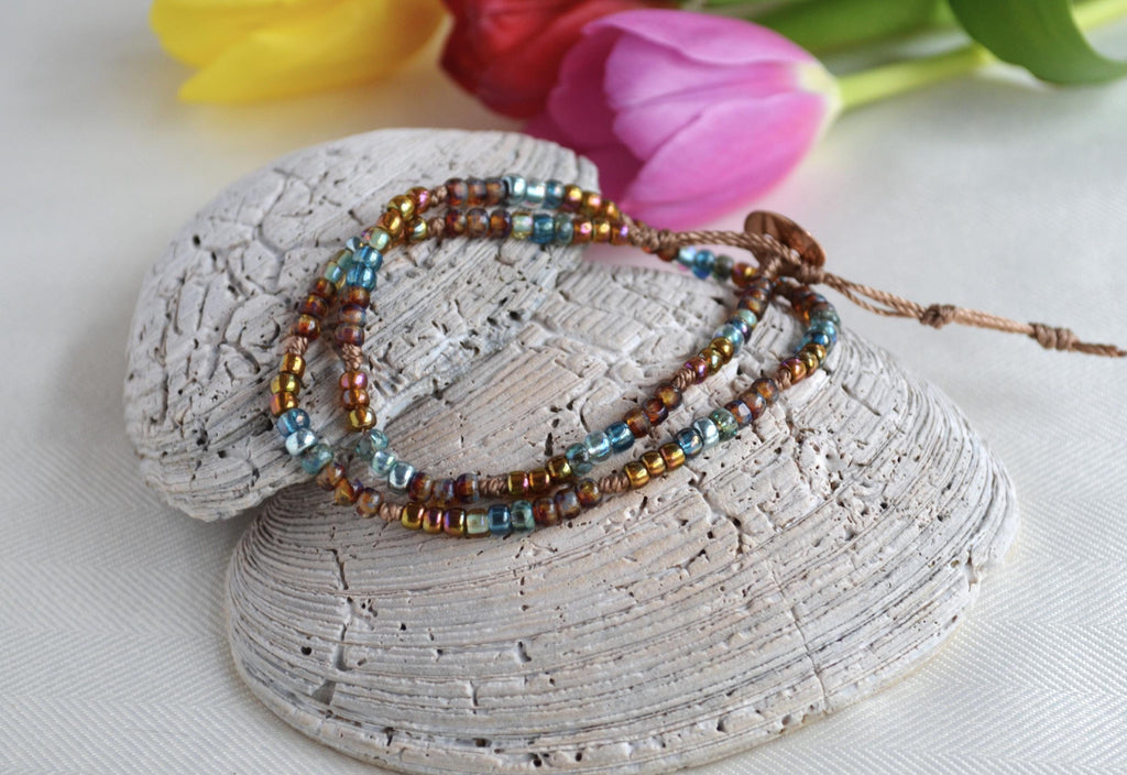Boho Czech Glass Beaded Choker Necklace, Knotted, Button Closure