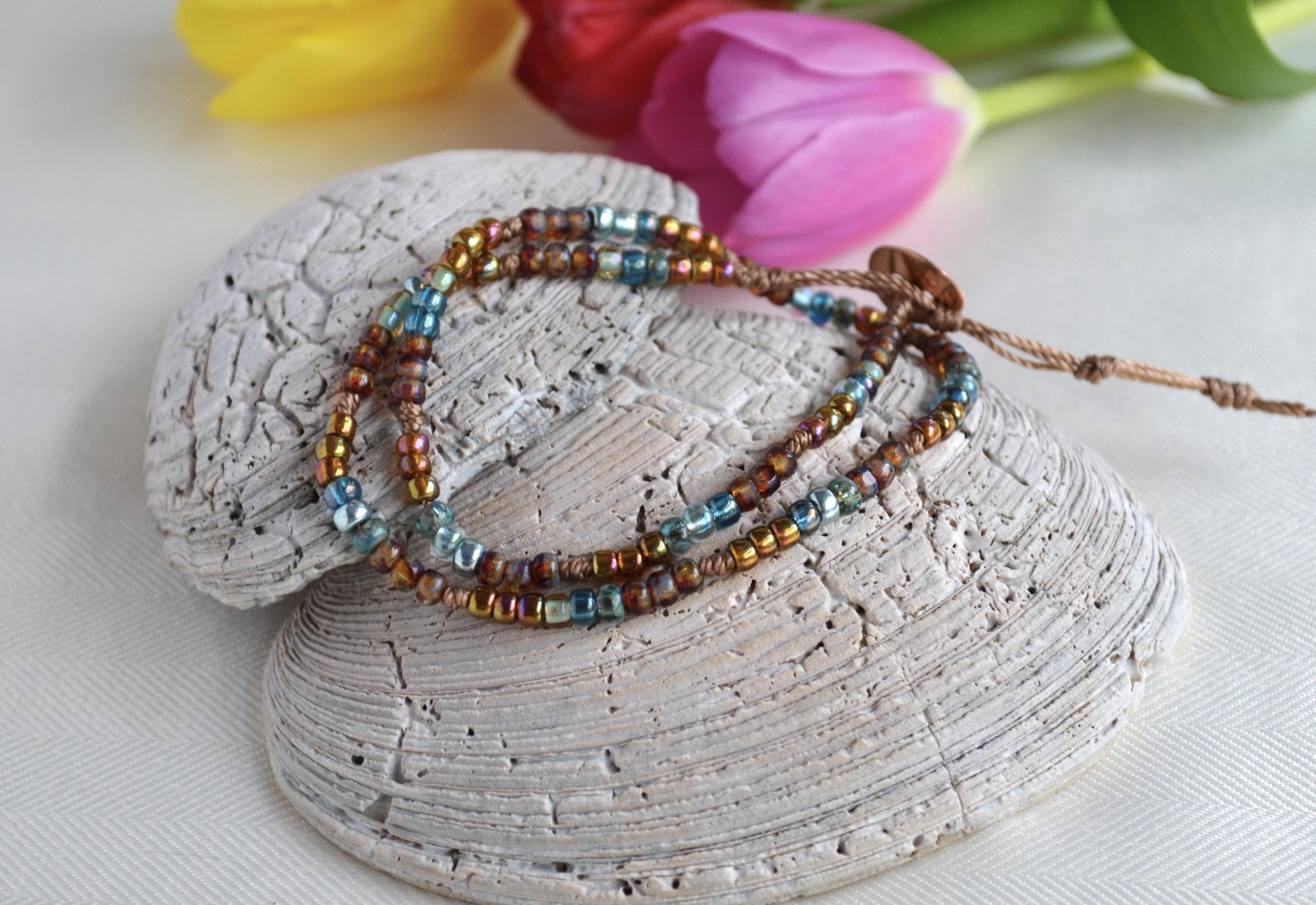 Boho Czech Glass Beaded Choker Necklace, Knotted, Button Closure