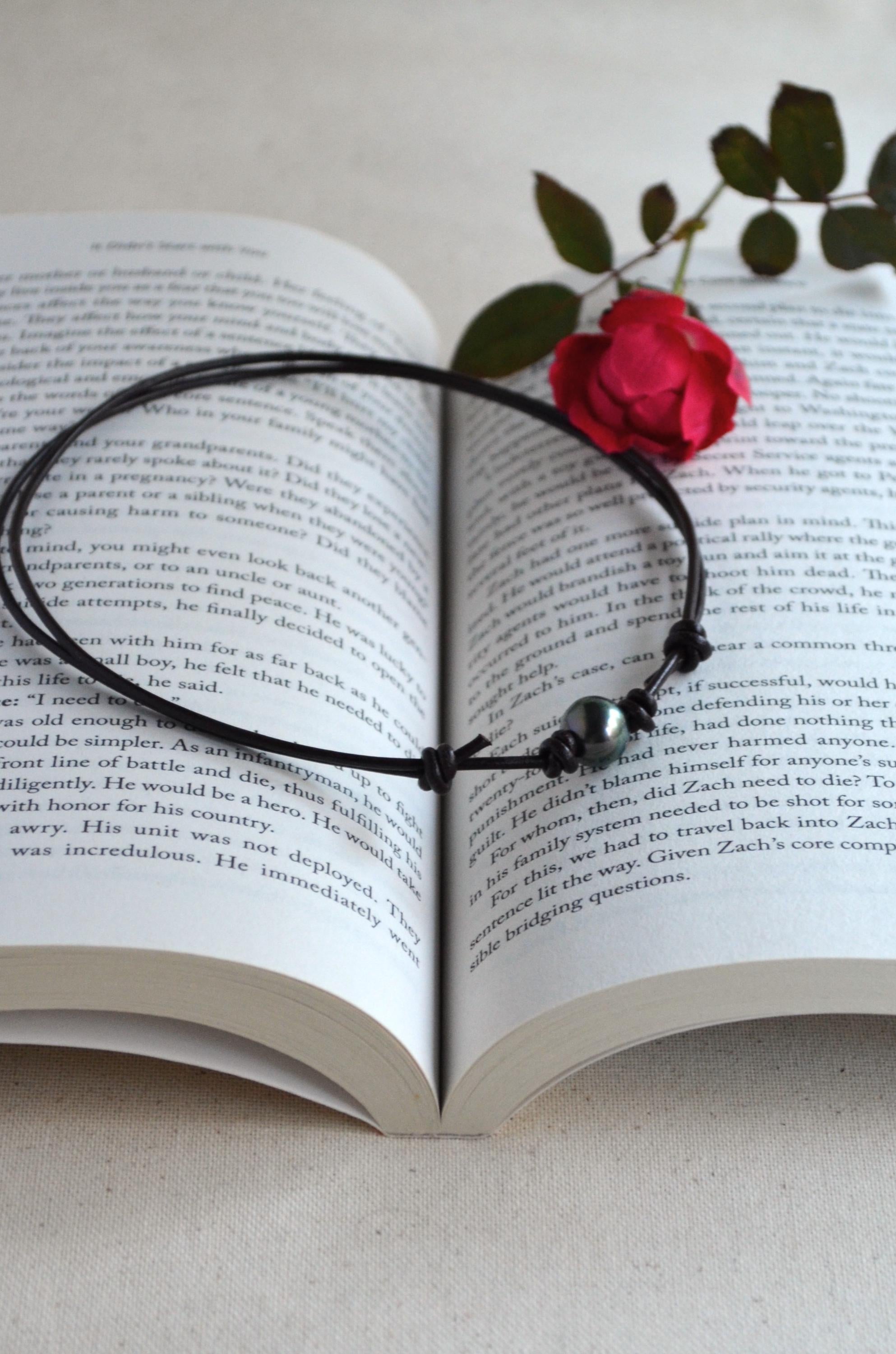 Tahitian Pearl Choker, Adjustable Brown Leather Necklace