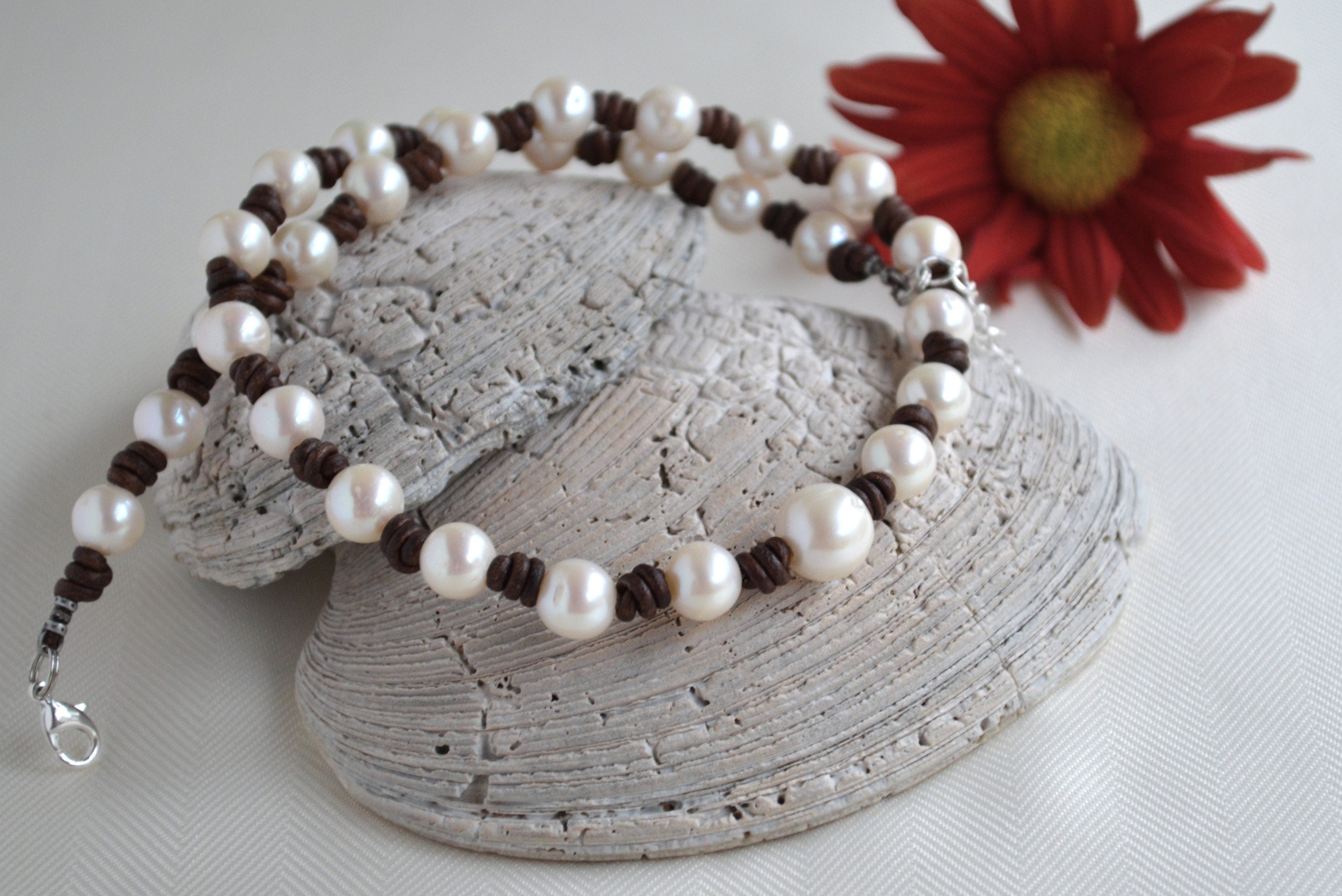 Knotted Pearl Leather Necklace: Freshwater Pearls, Boho Jewelry