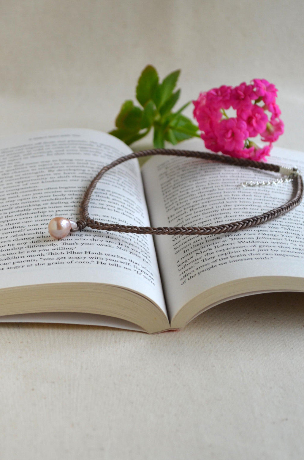 Edison Pearl Leather Necklace: Pink Mauve Baroque Pendant, Hand Braided Cord
