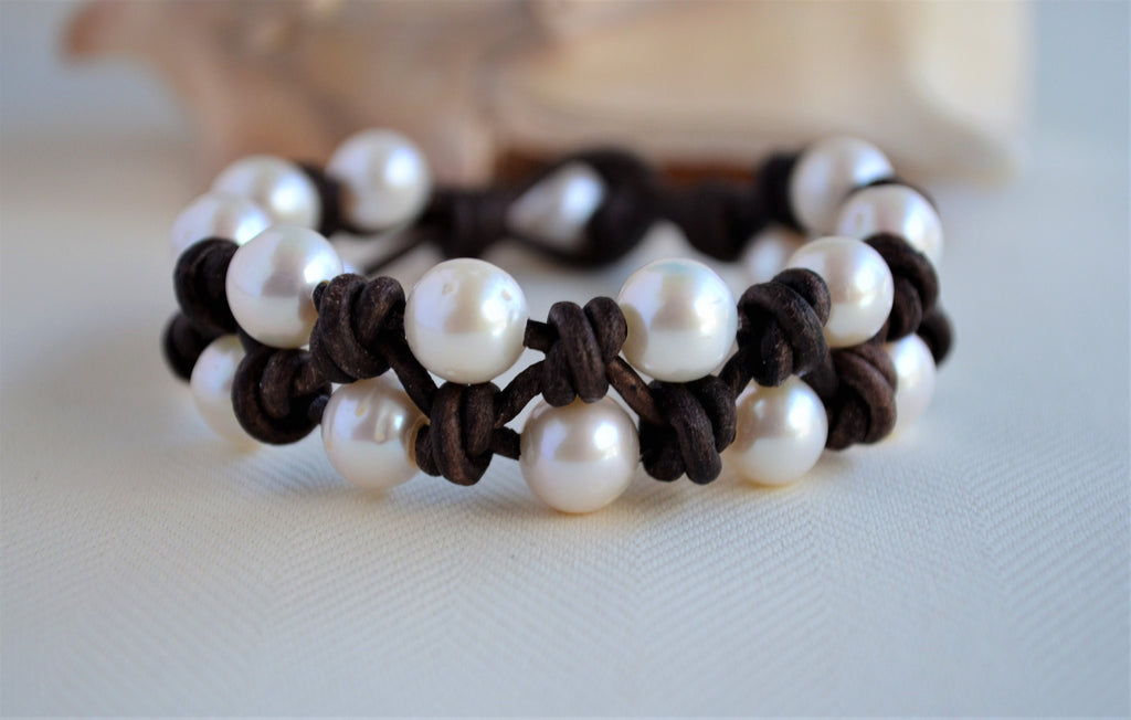 Knotted Pearl Leather Bracelet: Boho Freshwater Pearl Cuff
