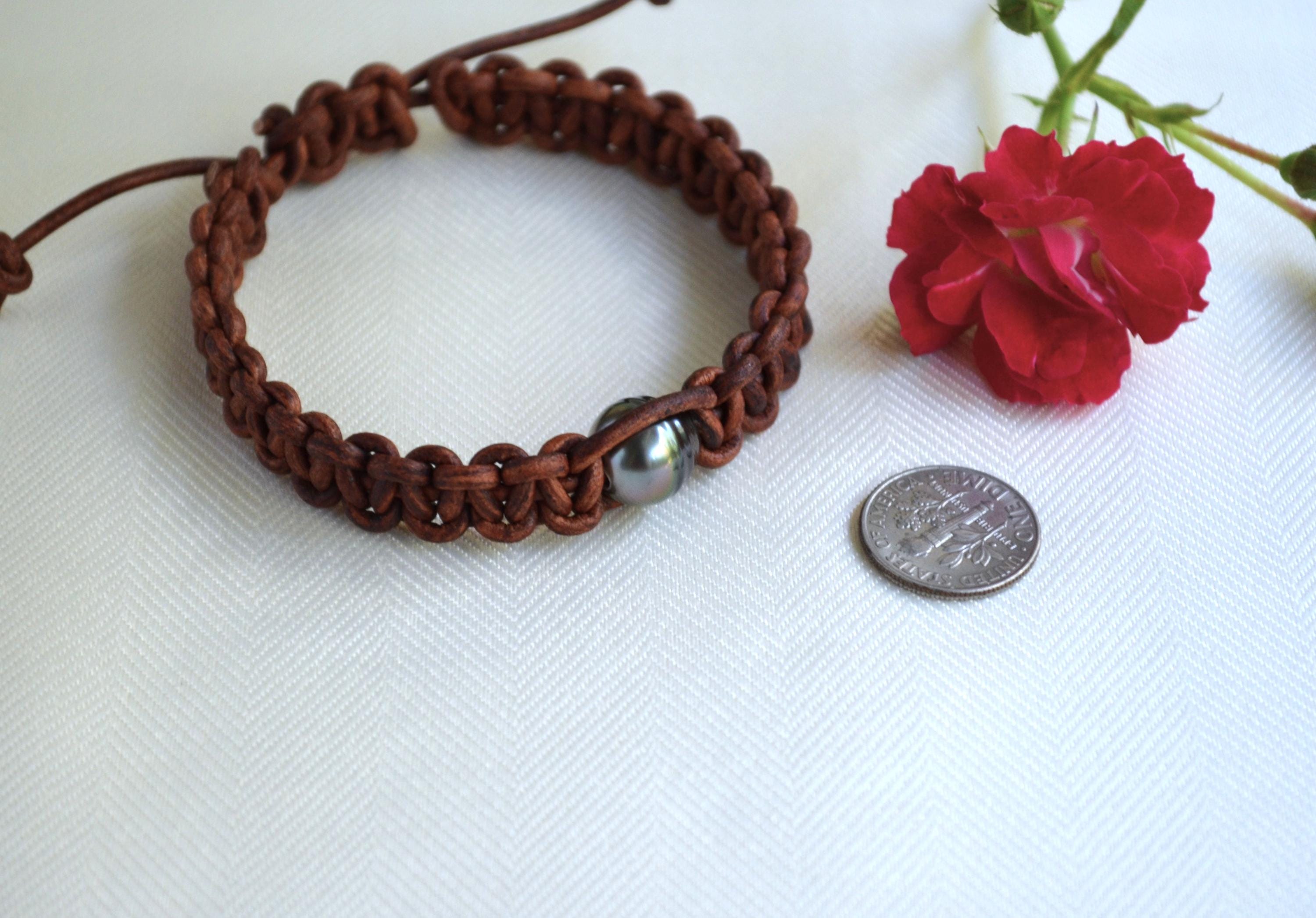 Tahitian Black Pearl Bracelet, Brown Distressed Leather, Adjustable