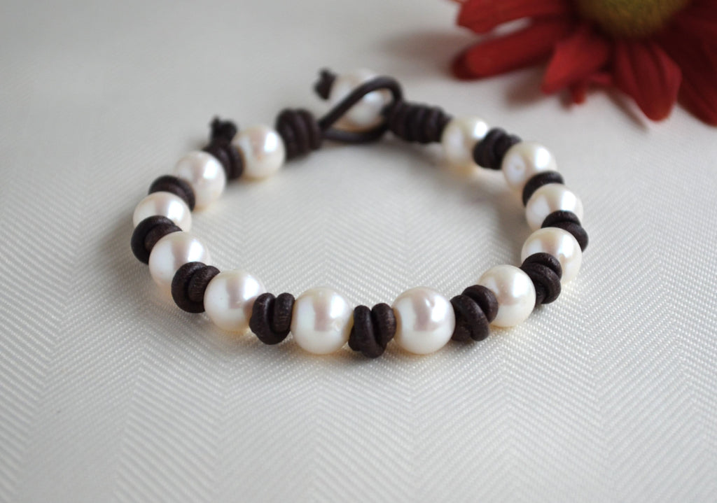 Knotted Leather Bracelet: White Freshwater Pearls, Elegant Jewelry