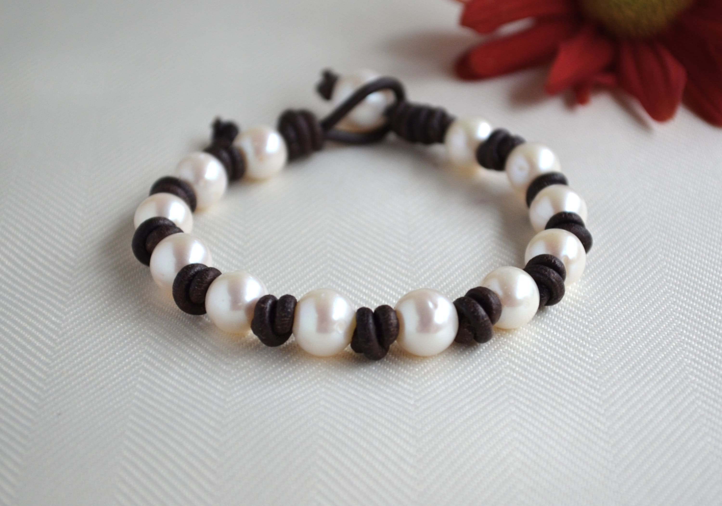 Knotted Leather Bracelet: White Freshwater Pearls, Elegant Jewelry