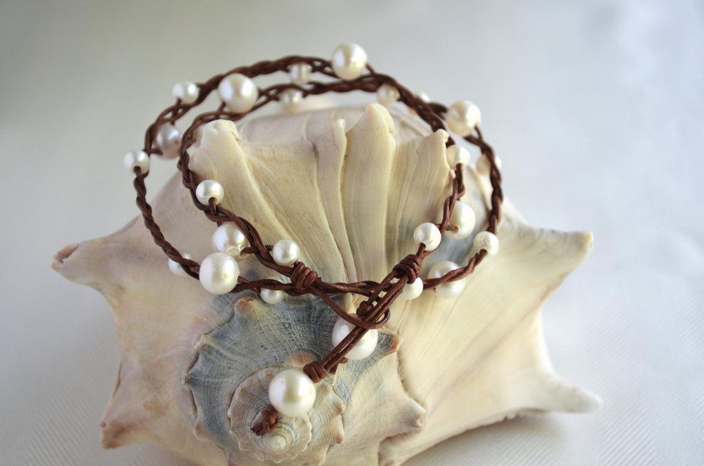 Braided Leather Necklace: White Freshwater Pearls, Boho Chic
