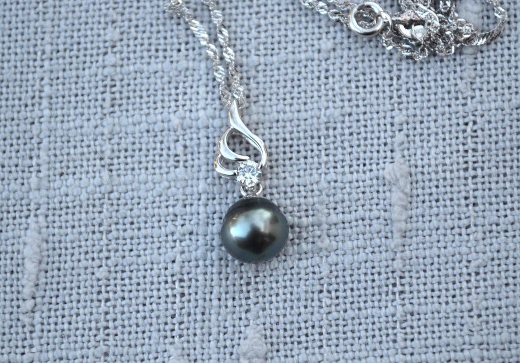 Tahitian Pearl Necklace: Sterling Silver Pendant, Cubic Zirconia Accent