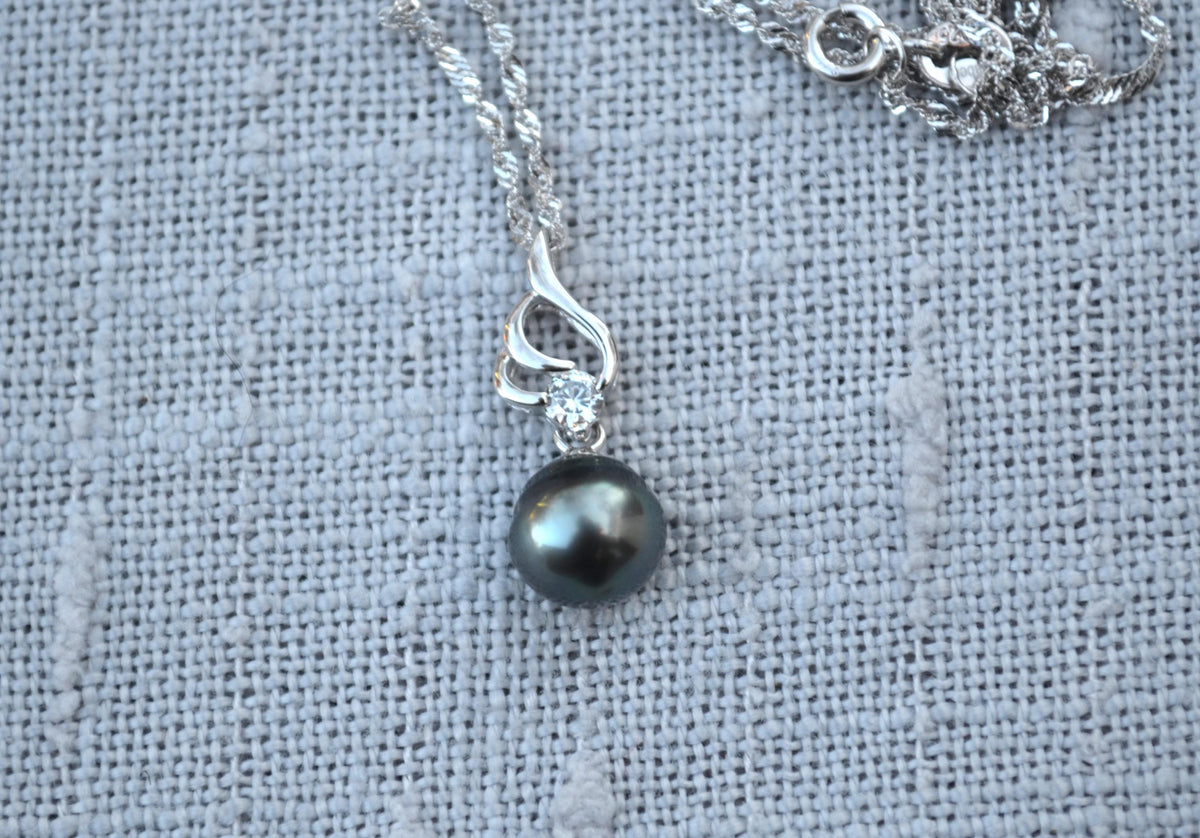 Tahitian Pearl Necklace: Sterling Silver Pendant, Cubic Zirconia Accent