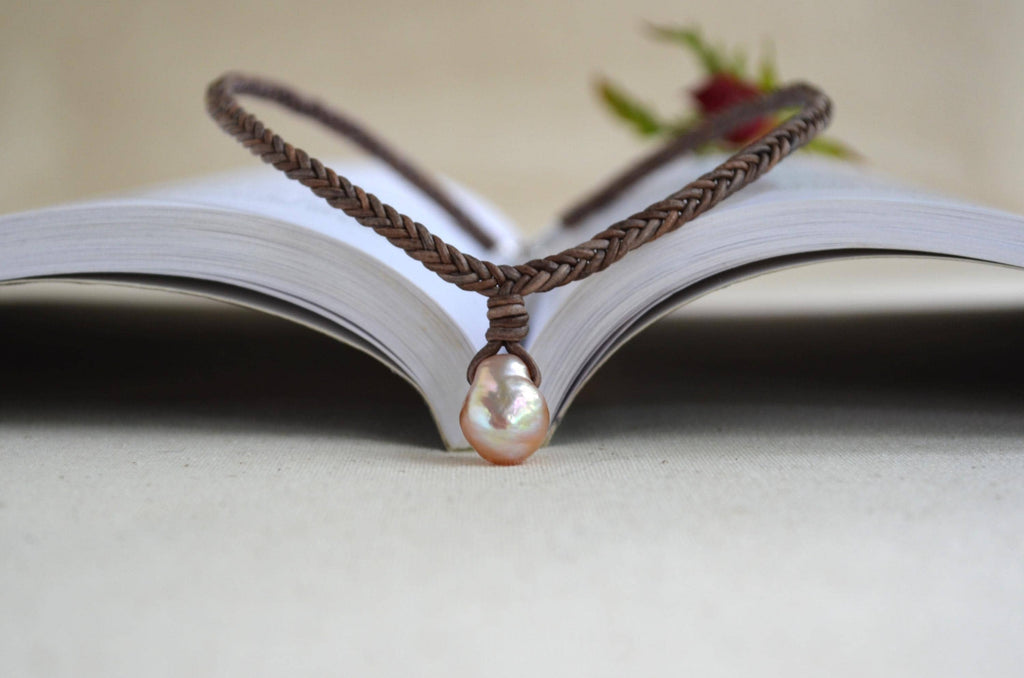 Baroque Edison Pearl Necklace on Braided Leather, Pink Pearl Pendant 12x15 mm, Organic Shape, Minimalist Statement, 16” + Extender