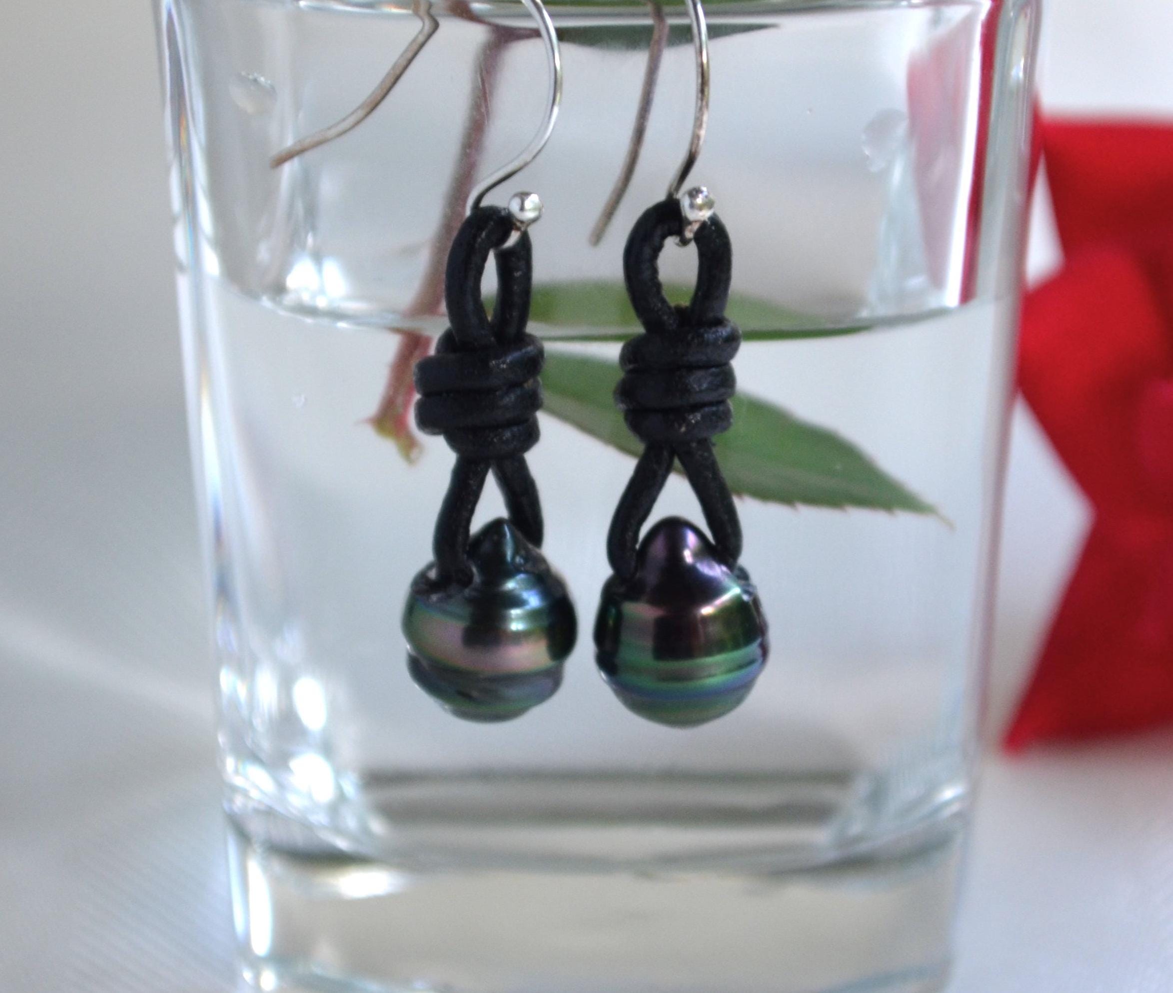 Tahitian Pearl Earrings, Sterling Silver, Black Leather Boho Jewelry