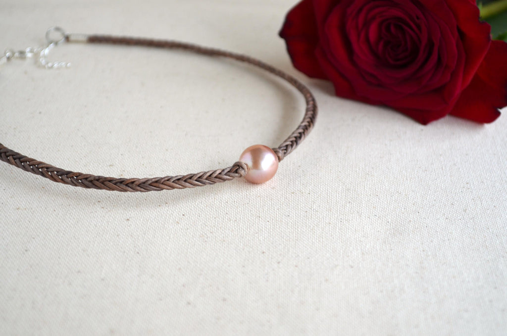 Hand Braided Leather Choker, Pink Edison Pearl Short Necklace