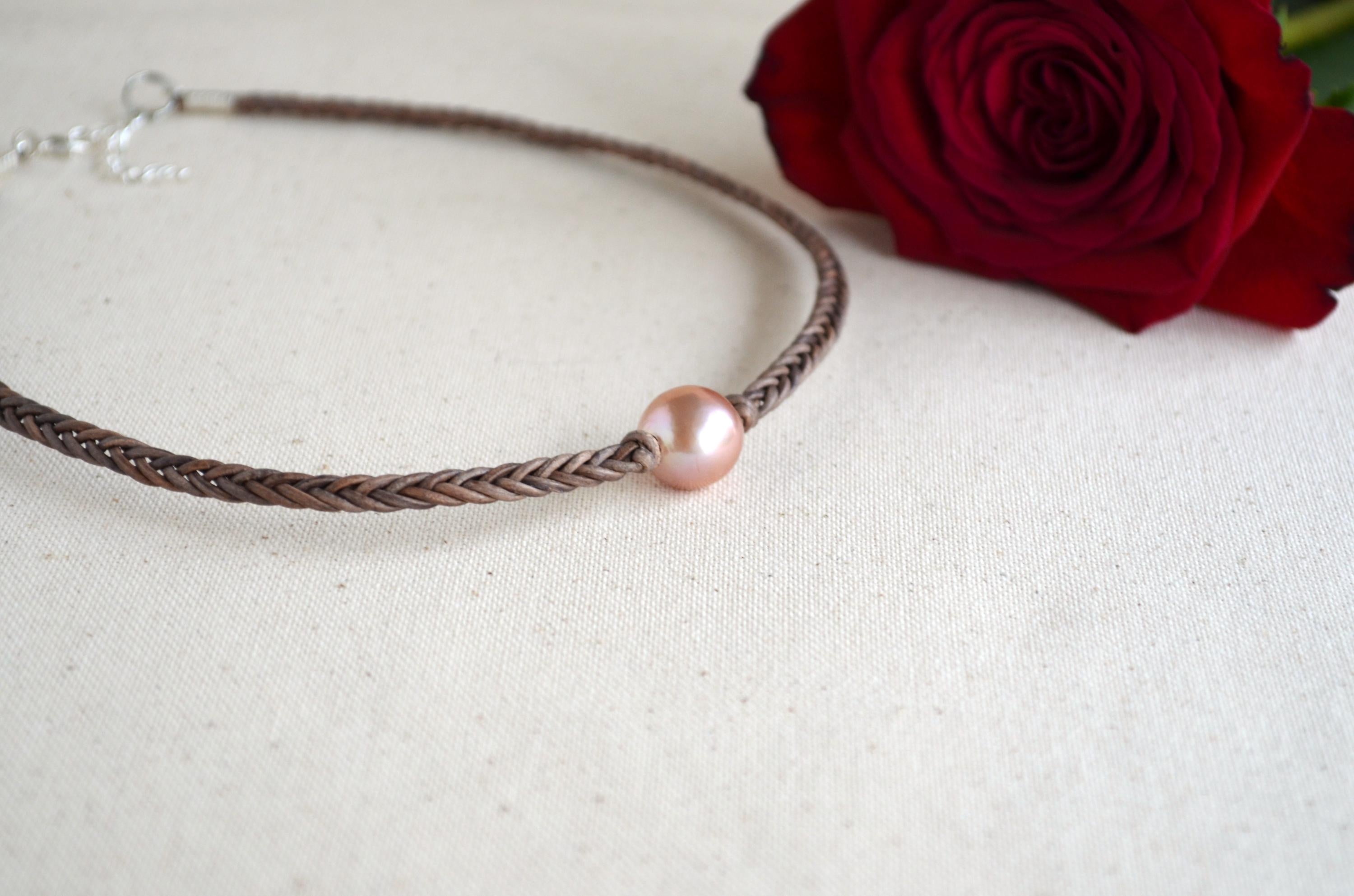 Hand Braided Leather Choker, Pink Edison Pearl Short Necklace