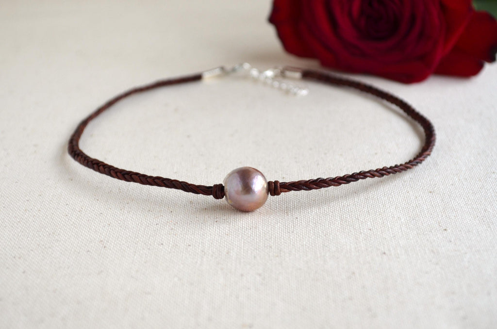 Mauve Pink Edison Pearl on Hand Braided Leather Five Cords Women's Short Necklace