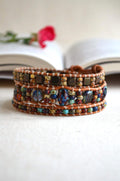 Dragonfly Beaded Leather Wrap Bracelet, Czech Glass Three Wrap