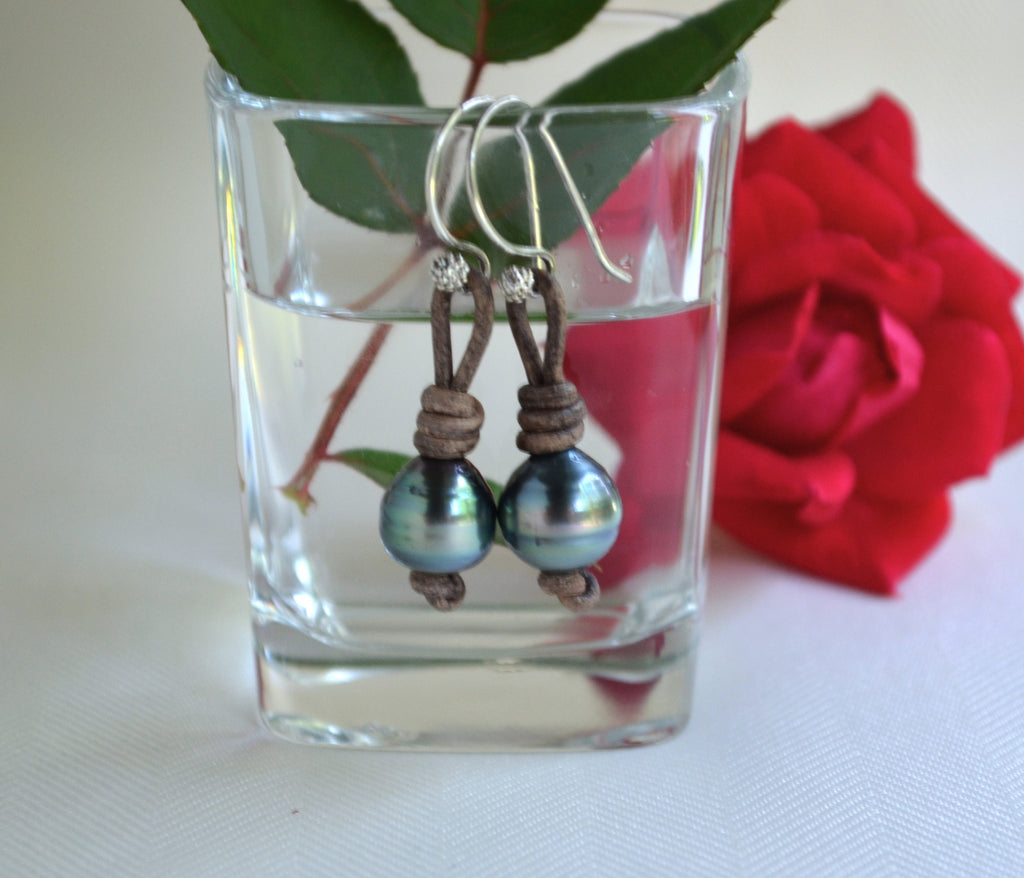 Tahitian Pearl Earrings: Sterling Silver, Brown Leather, Elegant Jewelry
