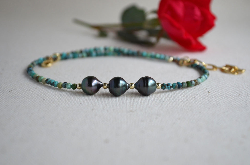 Three Tahitian Pearl Necklace, Turquoise Beaded Short Necklace, Minimal Gold Filled Necklace, Elegant Everyday Jewelry