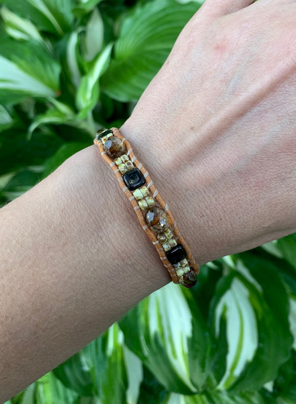 Beaded Leather Wrap Bracelet: Rustic Tree Button, Czech Beads