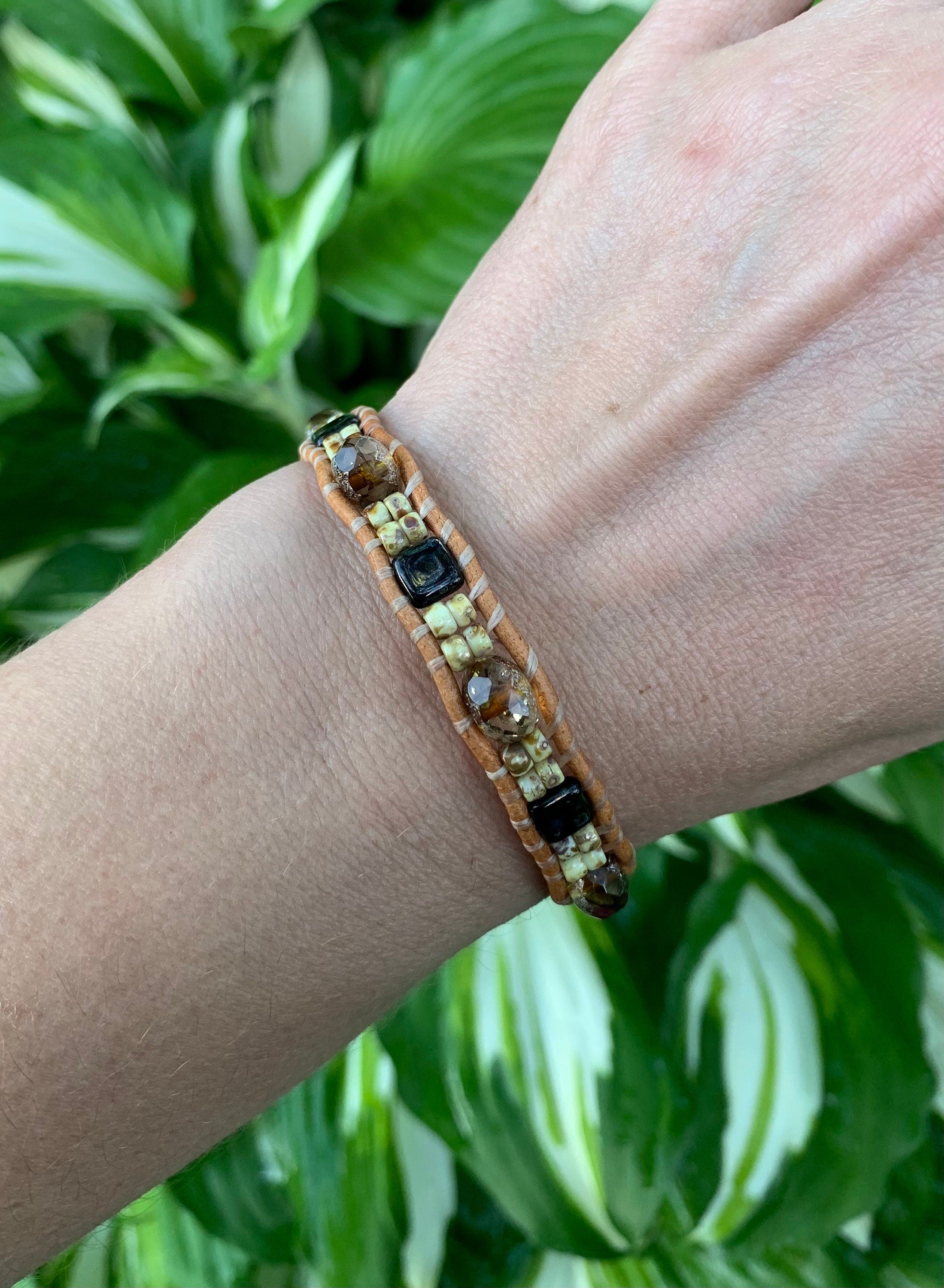 Beaded Leather Wrap Bracelet: Rustic Tree Button, Czech Beads