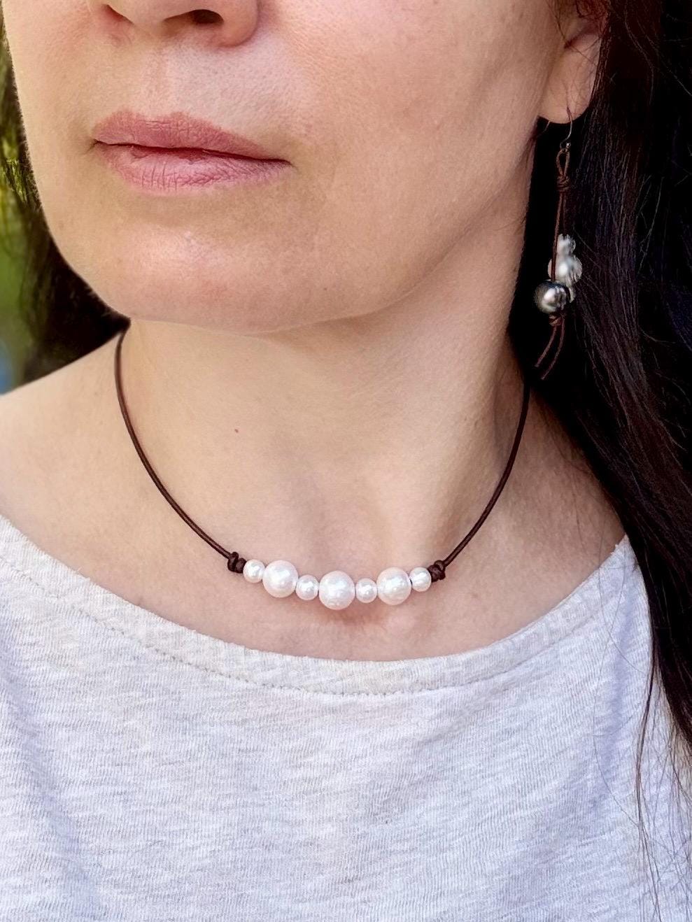 Pearls on Leather Necklace/Choker for Women, White Freshwater Pearls, Boho Chic