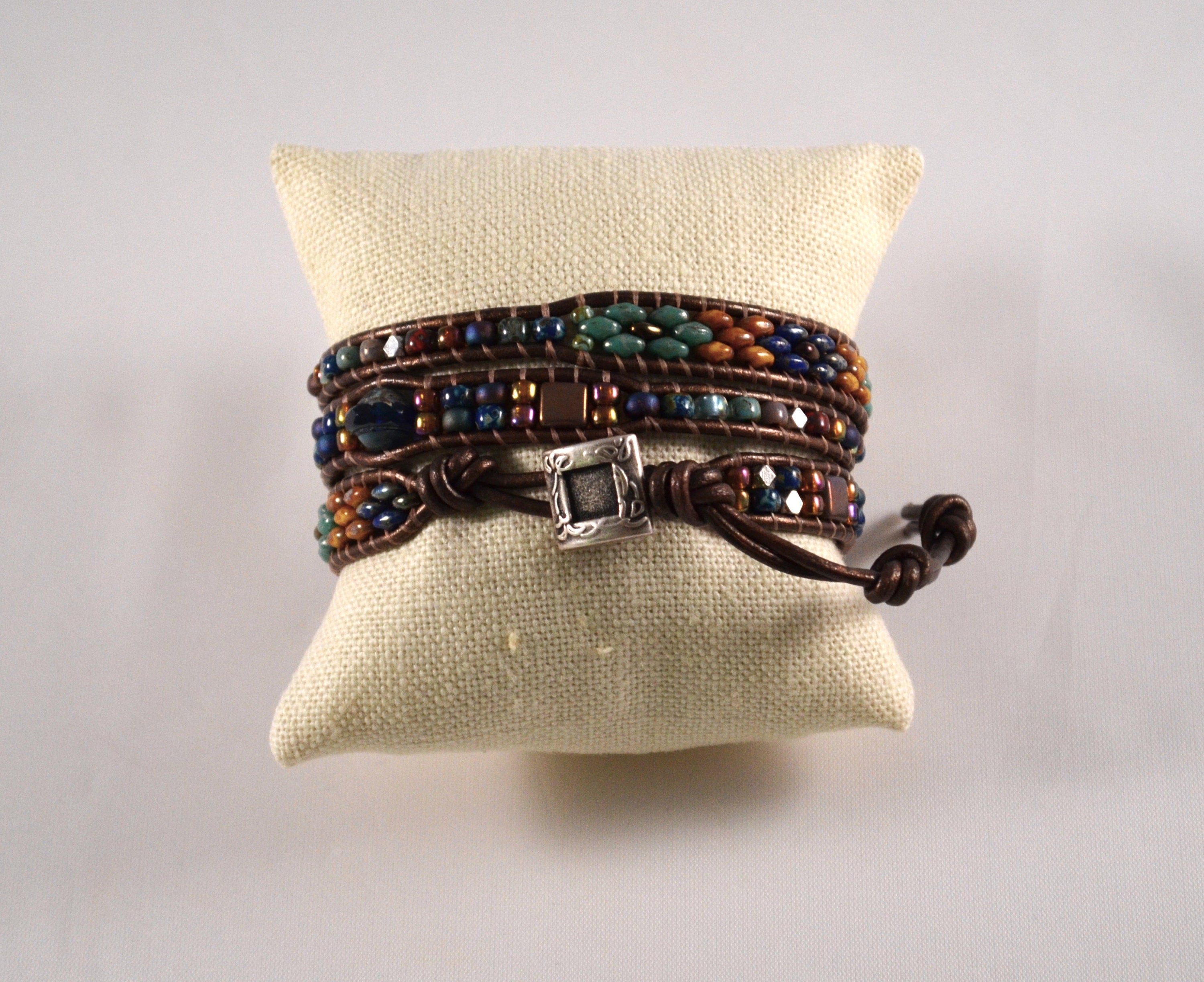 Boho Leather Wrap Bracelet, Tile & Czech Glass Beaded