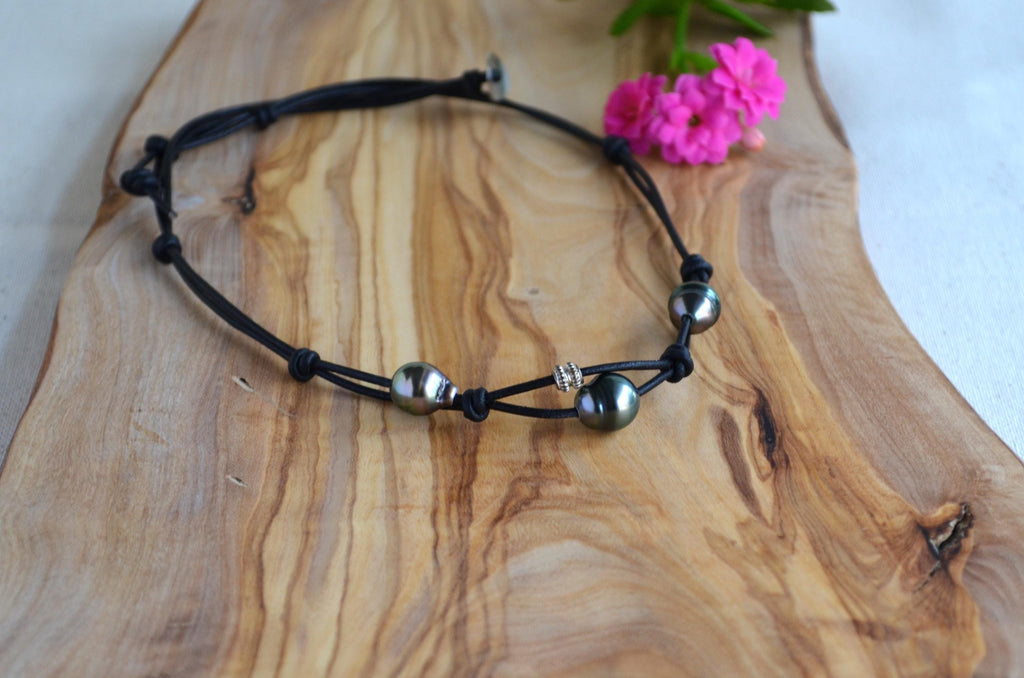 Tahitian Black Pearls on Leather Short Necklace, Sterling Silver Accent
