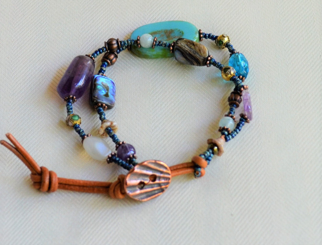 Multi-Color Bead Leather Wrap Bracelet: Amethyst, Moonstone, Agate