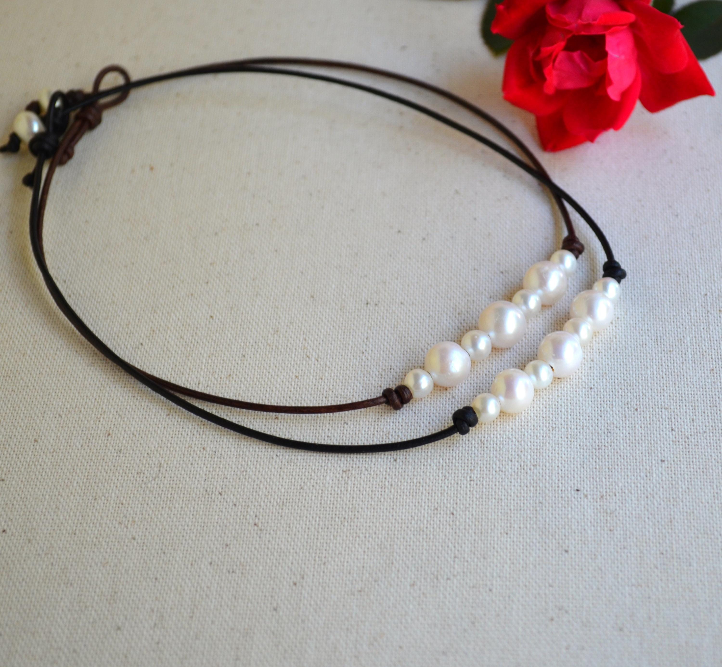 Pearls on Leather Necklace/Choker for Women, White Freshwater Pearls, Boho Chic