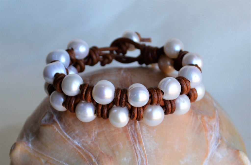 Knotted Pearl Leather Bracelet: Boho Freshwater Pearl Cuff
