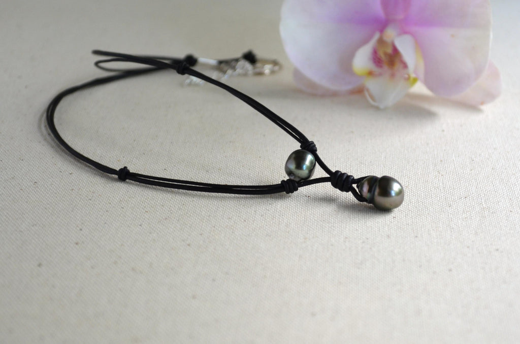 Genuine Tahitian Pearl Leather Necklace: Modern Minimalist Pendant Jewelry