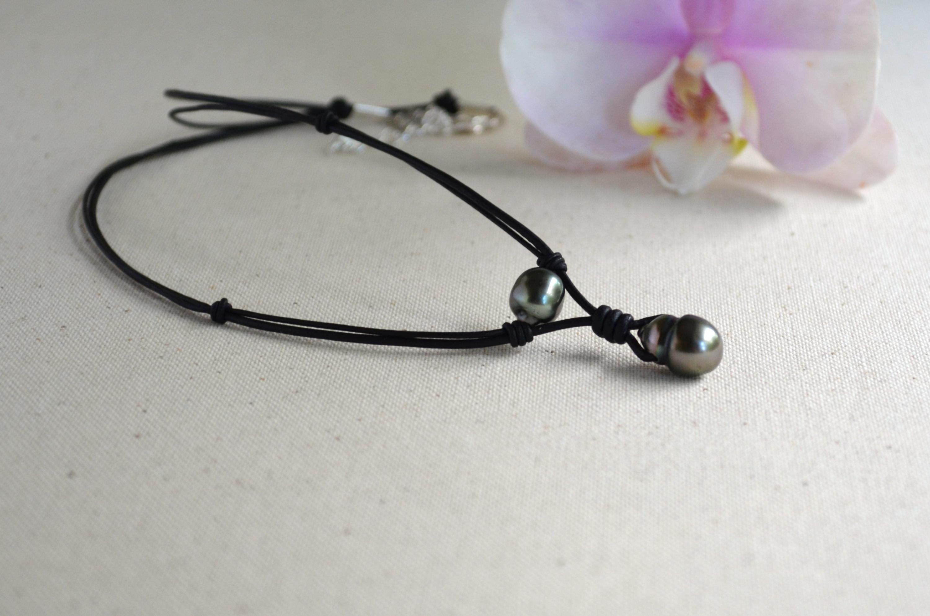 Genuine Tahitian Pearl Leather Necklace: Modern Minimalist Pendant Jewelry