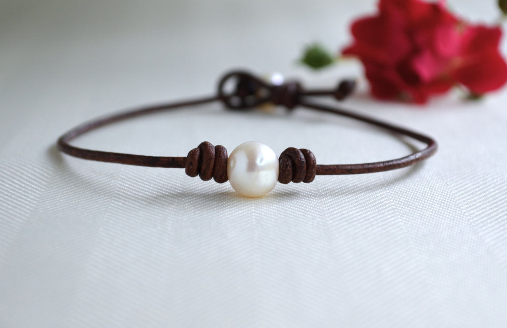 Freshwater Pearl Leather Anklet: Minimalist Boho Ankle Bracelet