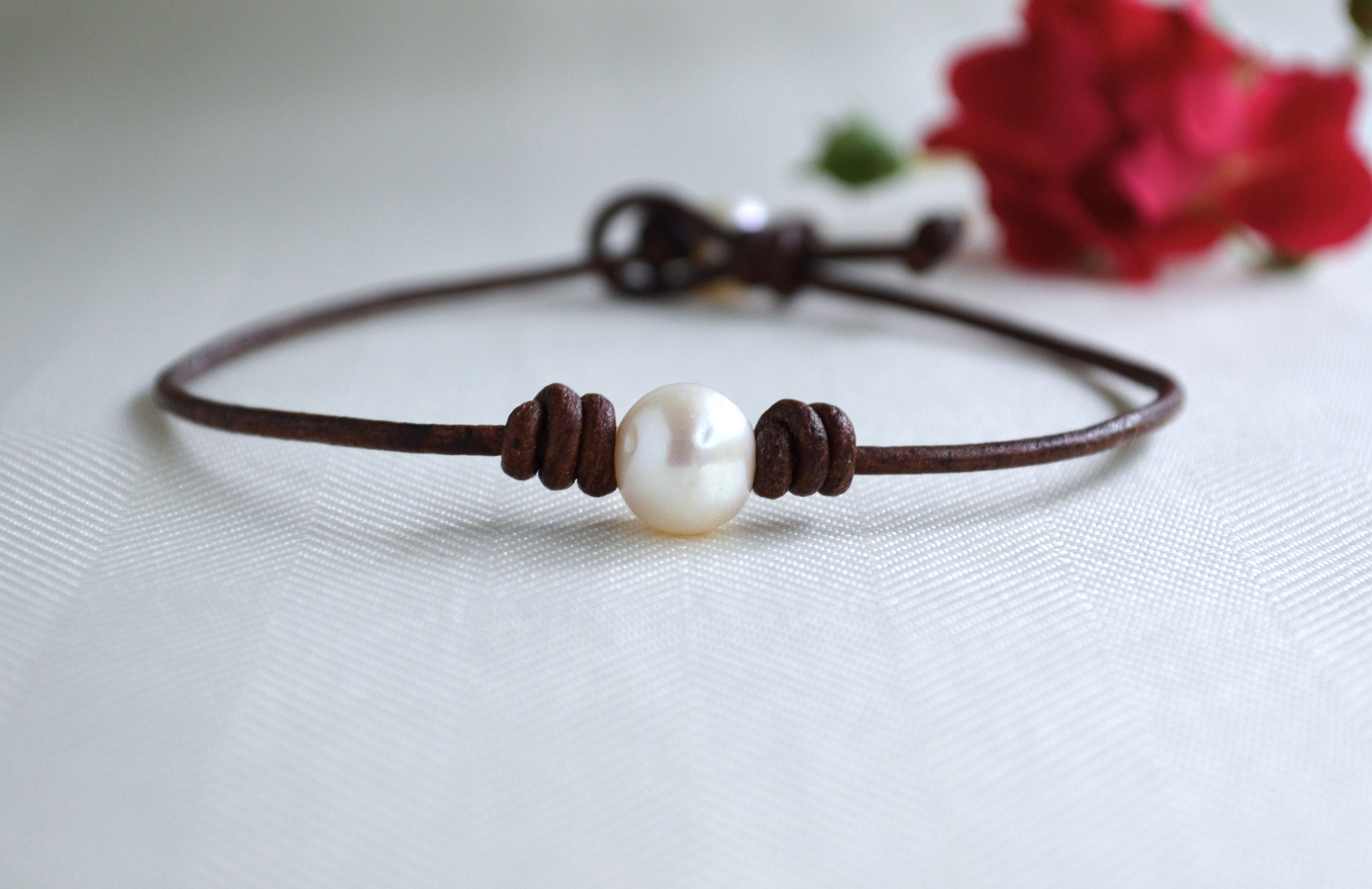 Freshwater Pearl Leather Anklet: Minimalist Boho Ankle Bracelet