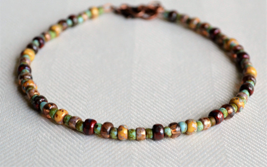 Picasso Czech Glass Beaded Anklet: Rustic Multicolor Boho Ankle Bracelet